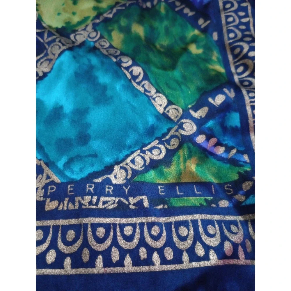 Perry Ellis Silk Scarf 15.5 x 58 Blue Green Abstract‎ Geometric Gold Border...
